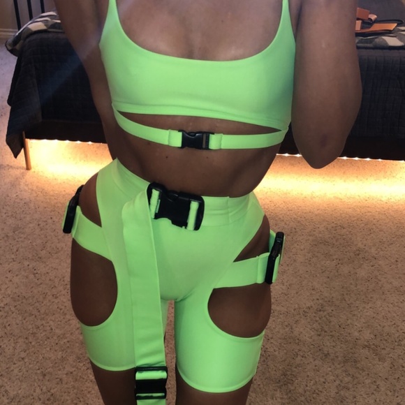 Dolls Kill Other - Neon Green Buckle Shorts & Top (Set)